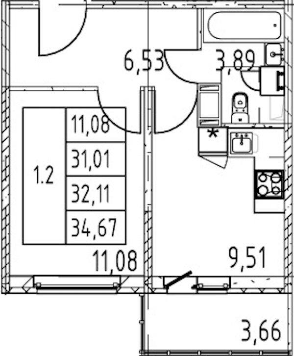 1-комнатная квартира 31.01 м², 8/12 эт., ЖК «Полис ЛАВрики»